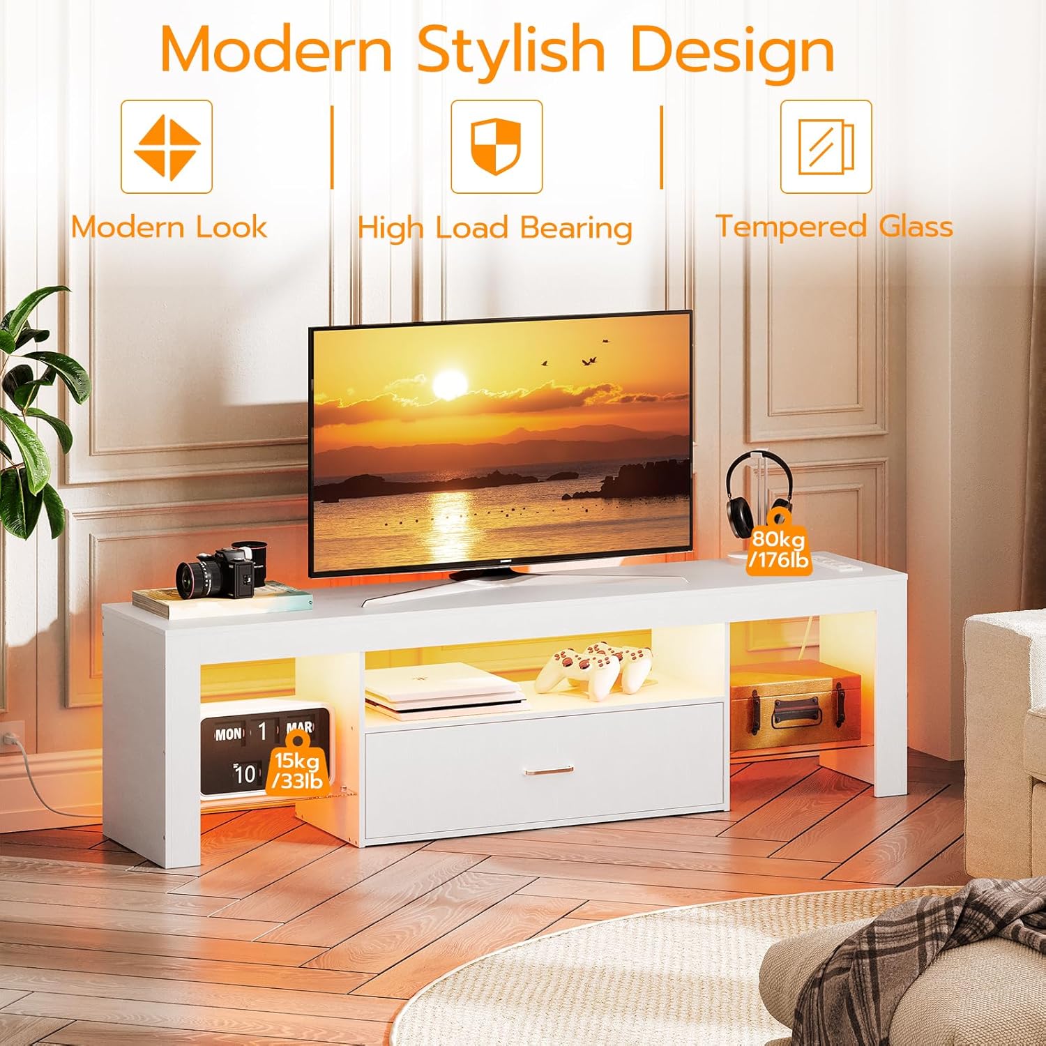 LED TV Stand with Power Outlet - Gaming Console Images บทวิจารณ์และราคา